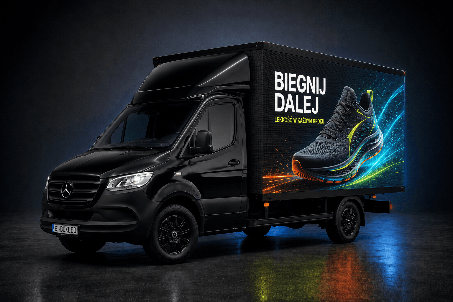 Czarny samochód DISPLAY AVENUE z reklamą buta biegowego na bocznym ekranie LED