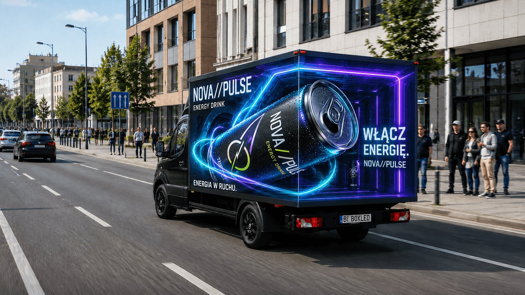 Nośnik DISPLAY AVENUE jadący miejską ulicą w świetle dnia, z reklamą napoju NOVA//PULSE na ekranie bocznym i tylnym; na chodnikach liczni piesi