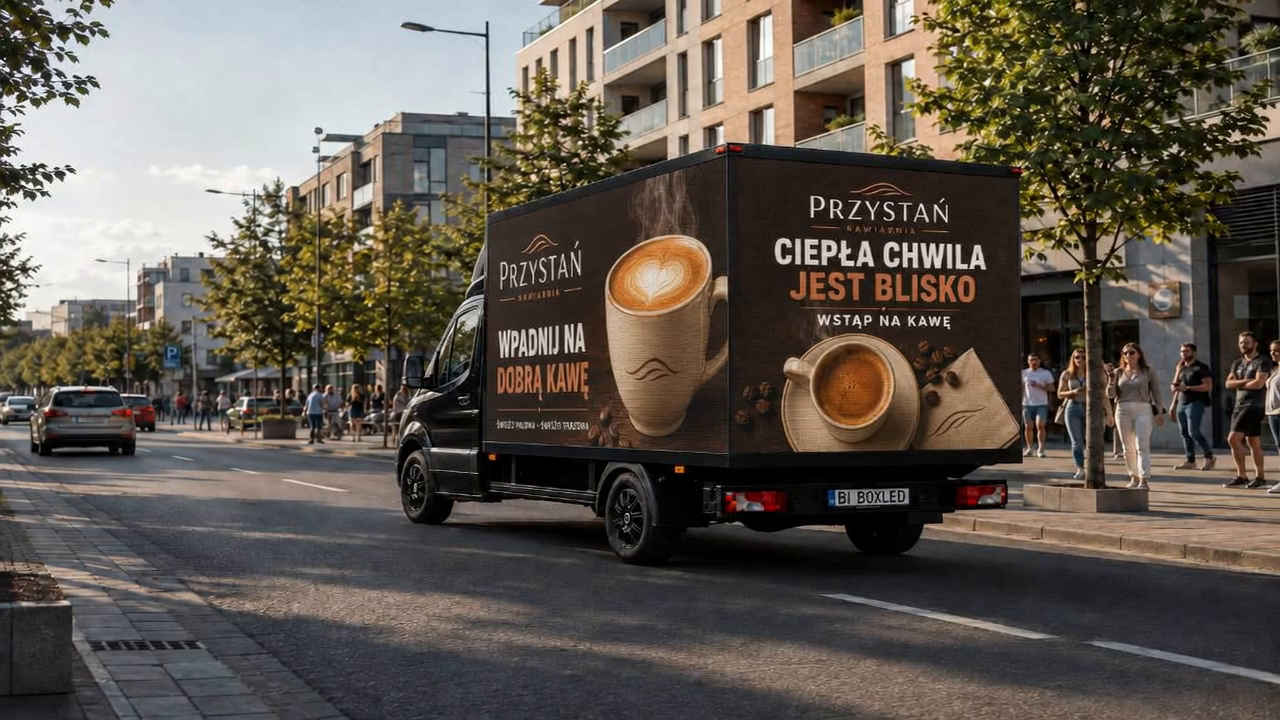 Nośnik DISPLAY AVENUE jadący miejską ulicą w świetle dnia, z reklamą kawiarni na ekranie bocznym i tylnym